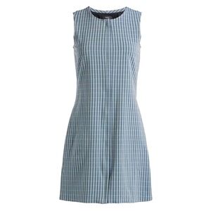 THEORY slate blue zipper office chic sheath lined stripe plaid dress zip down
